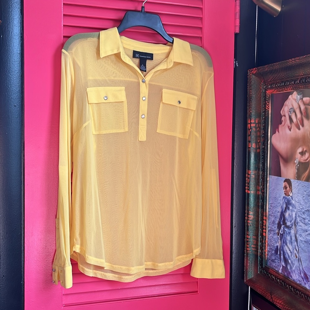 INC international concepts yellow sheer long sleeve blouse top size large